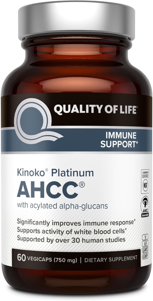 Quality of Life Premium Kinoko Platinum AHCC Herbal Supplement, 750mg per Capsule, for Immune Support, Liver Function, Maintains Natural Killer Cell Activity, Pack of 1, 60 Veggie Capsules
