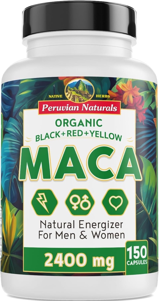 Organic Maca Root Capsules for Women & Men 2400mg per Serving - 150 Pills Black, Red, Yellow Maca Supplement - Gelatinized Macaroot, Non-GMO, Vegan by Peruvian Naturals