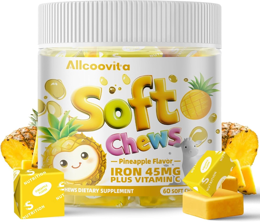 Iron Soft Chews Supplement with Vitamin C | Pineapple Flavored | Gluten Free | Iron Supplement for Women Men and Kids | 60 Count | 2 Month Supply