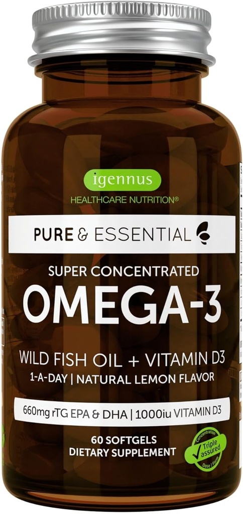 Igennus Advanced rTG Omega-3 IFOS Certified Wild Fish Oil & Vitamin D3, 1-a-Day, Fatty Acids EPA & DHA, Fast-Acting Triglyceride Form, Ultra Pure & Non-GMO, 60 Softgels
