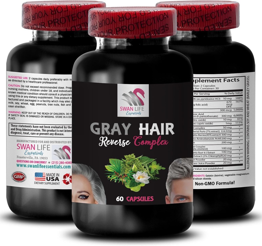 Plant Sterol Complex - Gray Hair Reverse - Natural Shine, Dynamic Color, renewed Hair Appearance, Hair Glow, Fresh Vibrancy, Color re-Energizer, Lush Hair, Radiant Sheen 1 Bottle 60 Capsules