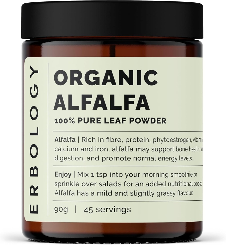 Erbology Organic Alfalfa Powder 3.2 oz - 45 Servings - Supports Bone and Gut Health - Rich in Vitamin A, Calcium and Iron - Sustainably Sourced Straight from Farm - Small Batch - Vegan - GMO-Free