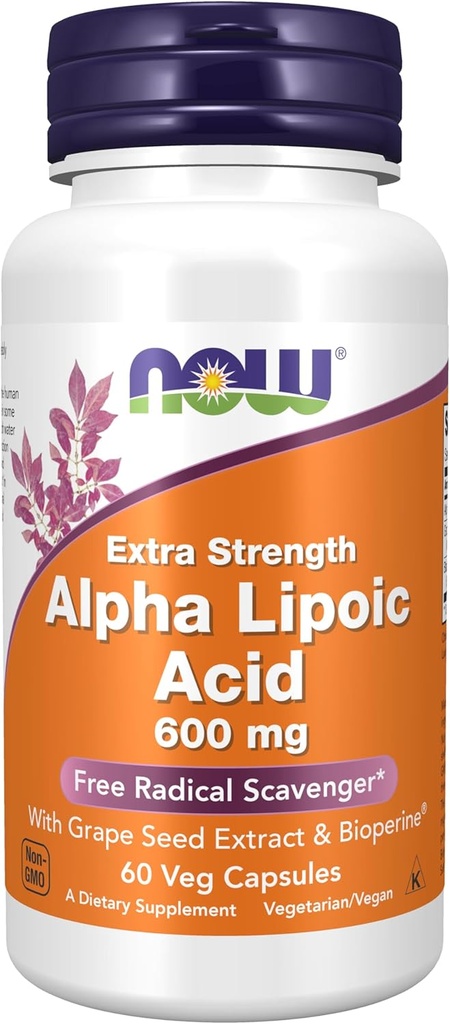 NOW Foods Supplements, Alpha Lipoic Acid 600 mg with Grape Seed Extract & Bioperine®, Extra Strength, 60 Count (Pack of 1)