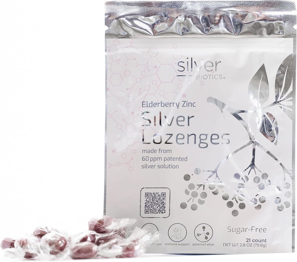 Silver Biotics Sugar-Free Colloidal Silver Lozenges | 60 ppm SilverSol | Immune Support + Throat Soothing Comfort | Elderberry Zinc | 21 Count
