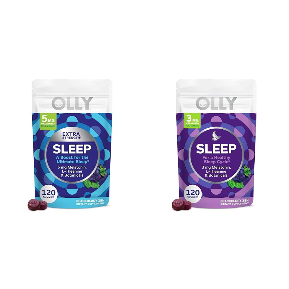 OLLY Extra Strength (5mg) & Regular Strength (3mg) Melatonin Sleep Gummies with L-Theanine, 120 Count BlackBerry Flavor