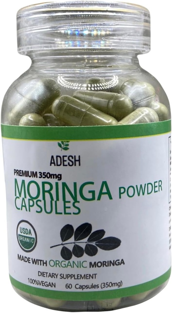 Adesh Moringa Powder Capsules | Premium Moringa Leaf Supplement | 60ct, 350mg | Natural Superfood for Energy, Metabolism & Immune Support | Vegan, Supergreen Nutritional Capsules