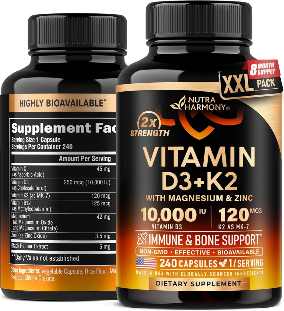 Vitamin D3 K2 - Vitamin D3 10000 iu & K2 as MK-7 120 mcg - Immune & Mood Support, for Bone & Teeth Health - with Magnesium, Zinc & Vitamin C & B12 - Highly Bioavailable - Made in USA, 240 Capsules