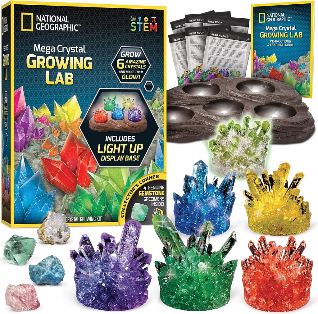 National Geographic Mega Crystal Growing Kit - Grow 6 Crystals with Light-Up Stand, Science Gifts for Kids 8-12