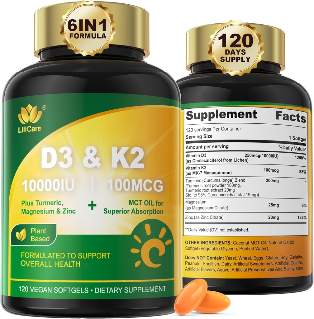 Vitamin D3 10000 IU Plus K2 (MK-7) 100mcg, Vegan Vitamin D3 K2 with Turmeric, Magnesium & Zinc for Calcium Absorption, Bone & Immune Health, Coconut Oil for High Absorption, Easy to Swallow, 120 Cts