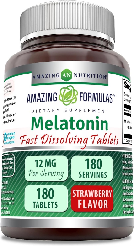 Amazing Formulas Melatonin 12 mg Per Serving Tablets Supplement | Non-GMO | Gluten Free | Made in USA (180 | Strawberry)