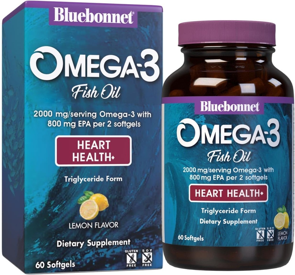 Bluebonnet Nutrition Omega-3 Heart Formula Natural Wild Caught Triglyceride Form DHA 600 mg EPA 800 mg - Highly Concentrated Heart Health Support Supplement - Gluten-Free - 60 Softgel