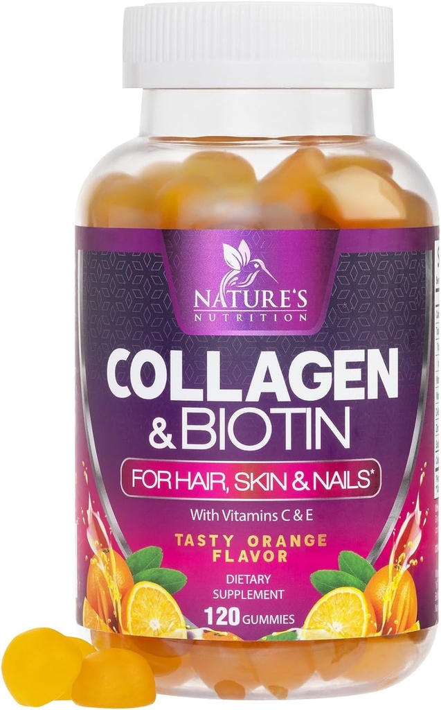 Collagen Gummies with 2500mcg Biotin, Vitamin C & Zinc - Hydrolyzed Collagen Peptide Type 1 & 3 Supplement - Advanced Hair, Skin & Nail Growth Support for Women & Men, Gluten Free, Non-GMO - 120 Count
