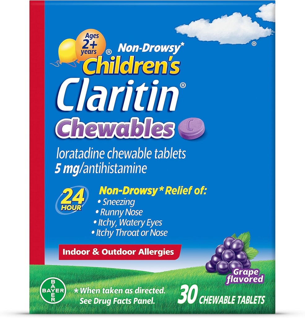 Children's Claritin Chewables 24 Hour Allergy Relief, Non Drowsy Kids Allergy Medicine, Grape Antihistamine Chewable Tablets, 30 Count