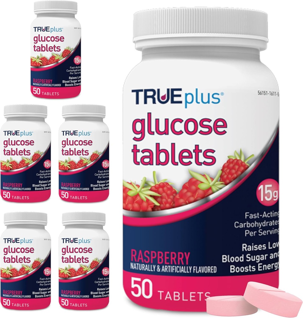 TRUEplus® Glucose Tablets, Raspberry Flavor - 50 Count (Pack of 6)