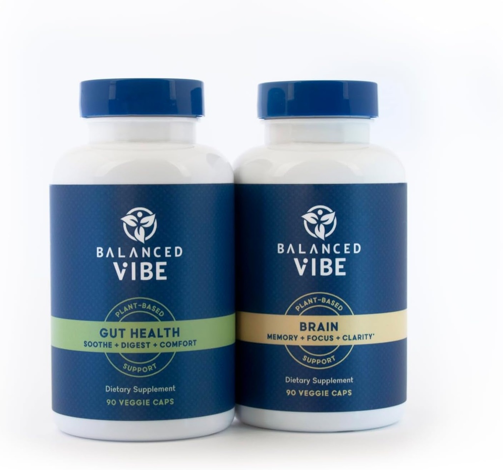 Balanced Vibe Brain+Gut Health Axis | Memory+Focus | Gut Health Supplement | Plant-Based Support for Memory, Focus & Gut Inflammation Response | 90 Caps Each