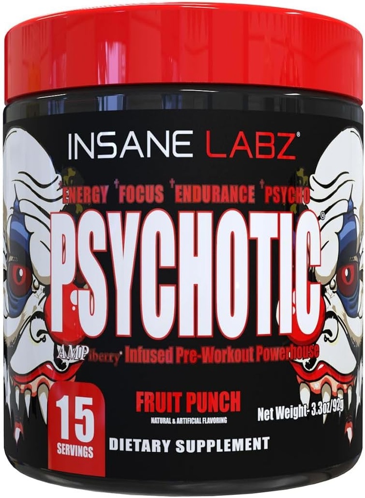 Insane Labz Psychotic, High Stimulant Pre Workout Powder, Extreme Lasting Energy, Focus and Endurance with Beta Alanine, Creatine Monohydrate, DMAE, 15 Srvgs, Fruit Punch