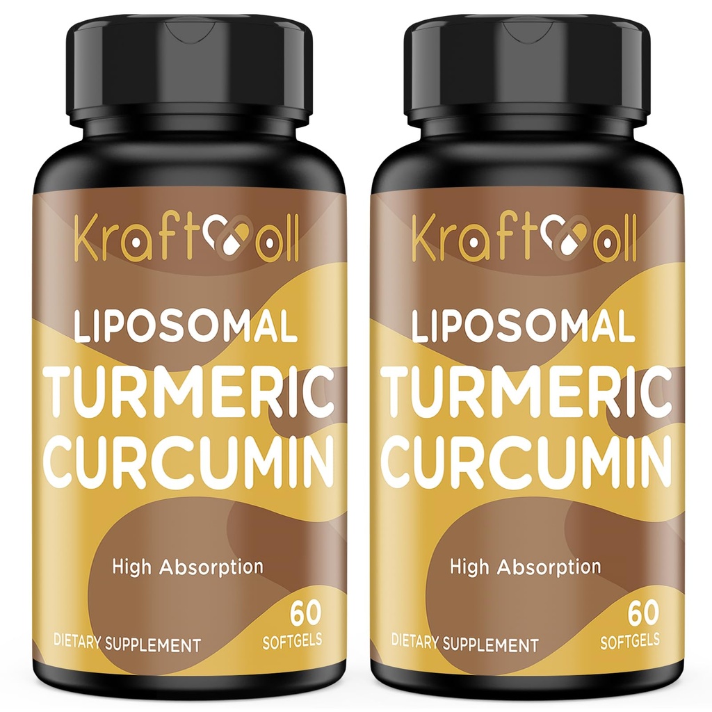 Liposomal Turmeric Curcumin 2200 mg with Black Pepper for Enhanced Absorption and Joint Support, 60 softgels (2 Bottles)