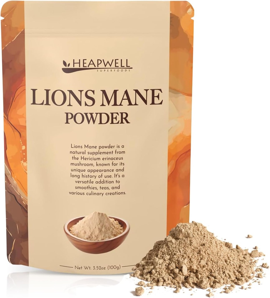 Heapwell Superfoods Lion's Mane Powder 100g – Premium Grade, High Spectrum Lion's Mane Mushroom Supplement for Cognitive Support, Immune Boost, and Mental Clarity 100 Plus Servings