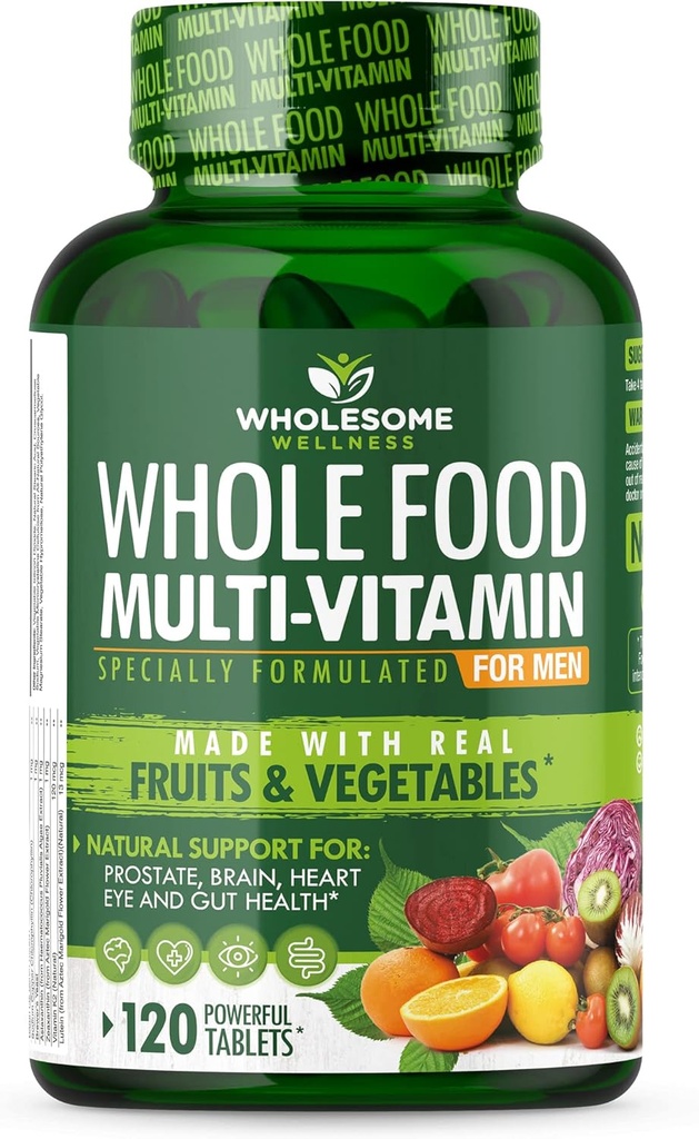 Wholesome Wellness Whole Food Multivitamin for Men - Natural Multi Vitamins, Minerals, Organic Extracts - Vegan Vegetarian - 120 Tablets