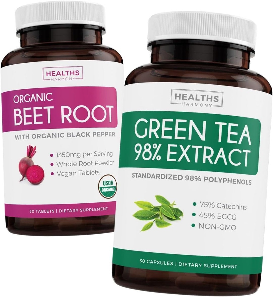 Beet Root & Green Tea Extract (2-Week Supply) Beet & Tea Power Mix - Organic Beet Root with Black Pepper for Absorption 1250mg (30 Tablets) & Green Tea Extract 98% with EGCG 1000mg per serve (30 caps)