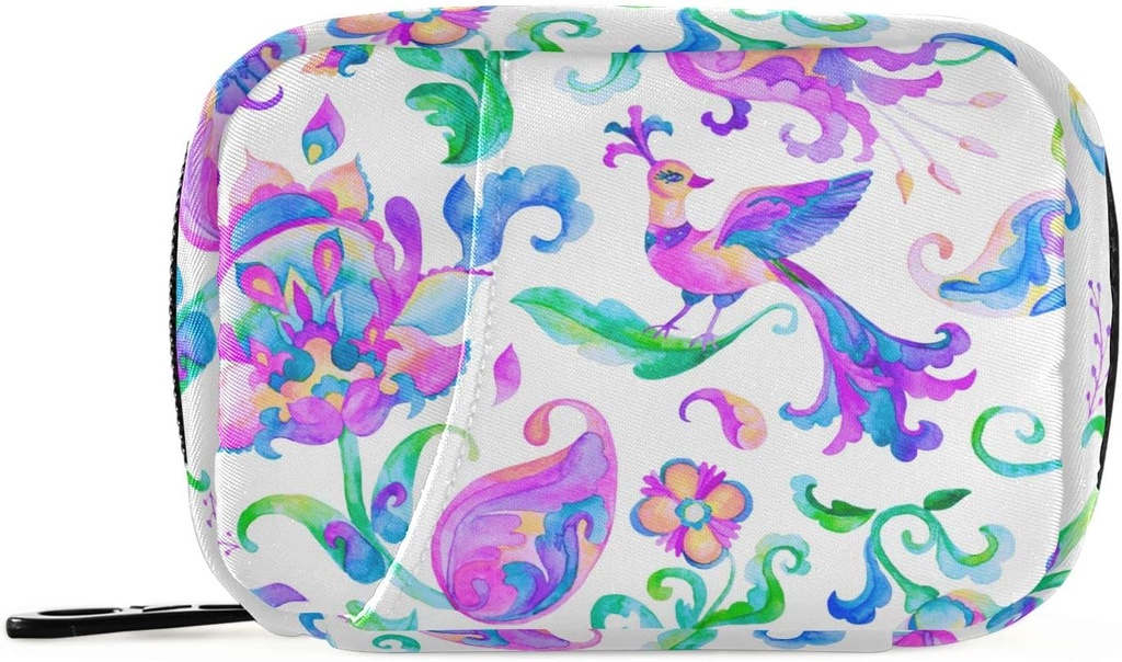 Watercolor Birds Paisley Pill Box 7 Day Pill Case Bag Travel Pill Organizer Bag with Zipper Portable Weekly Case Compact Size for Vitamin Supplement Holder