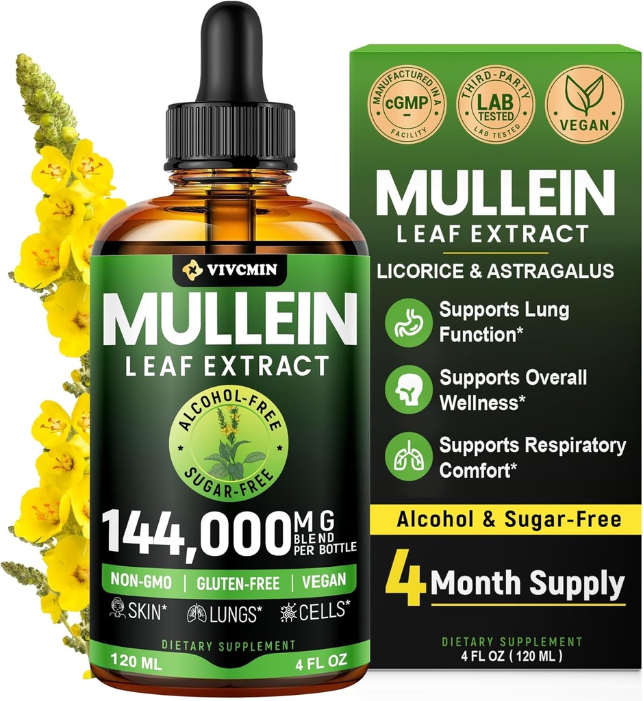 Mullein Drops for Lungs with Licorice & Astragalus, Respiratory & Immune Support, Lung Detox for Smokers Tincture, Mullein Leaf Extract for Lung Cleanse, Sugar & Alcohol-Free, 4 fl oz