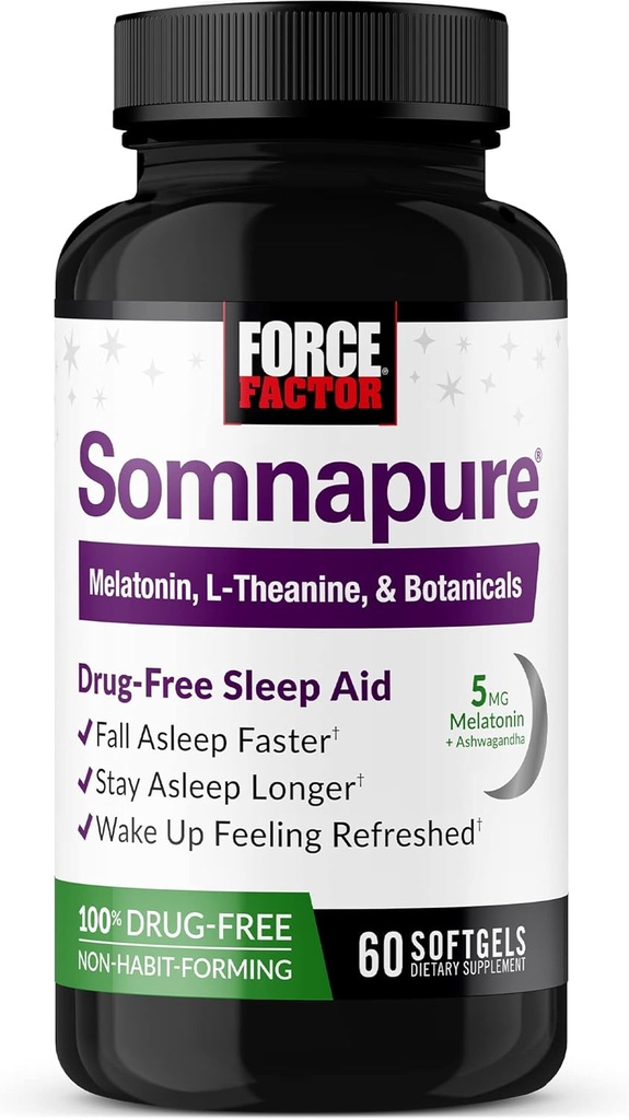 FORCE FACTOR Somnapure Softgels Sleep Aid to Fall Asleep Faster, Stay Asleep Longer, Wake Up Refreshed, Sleep Aid for Adults with Melatonin, Ashwagandha, Valerian Root, and Lemon Balm, 60 Softgels