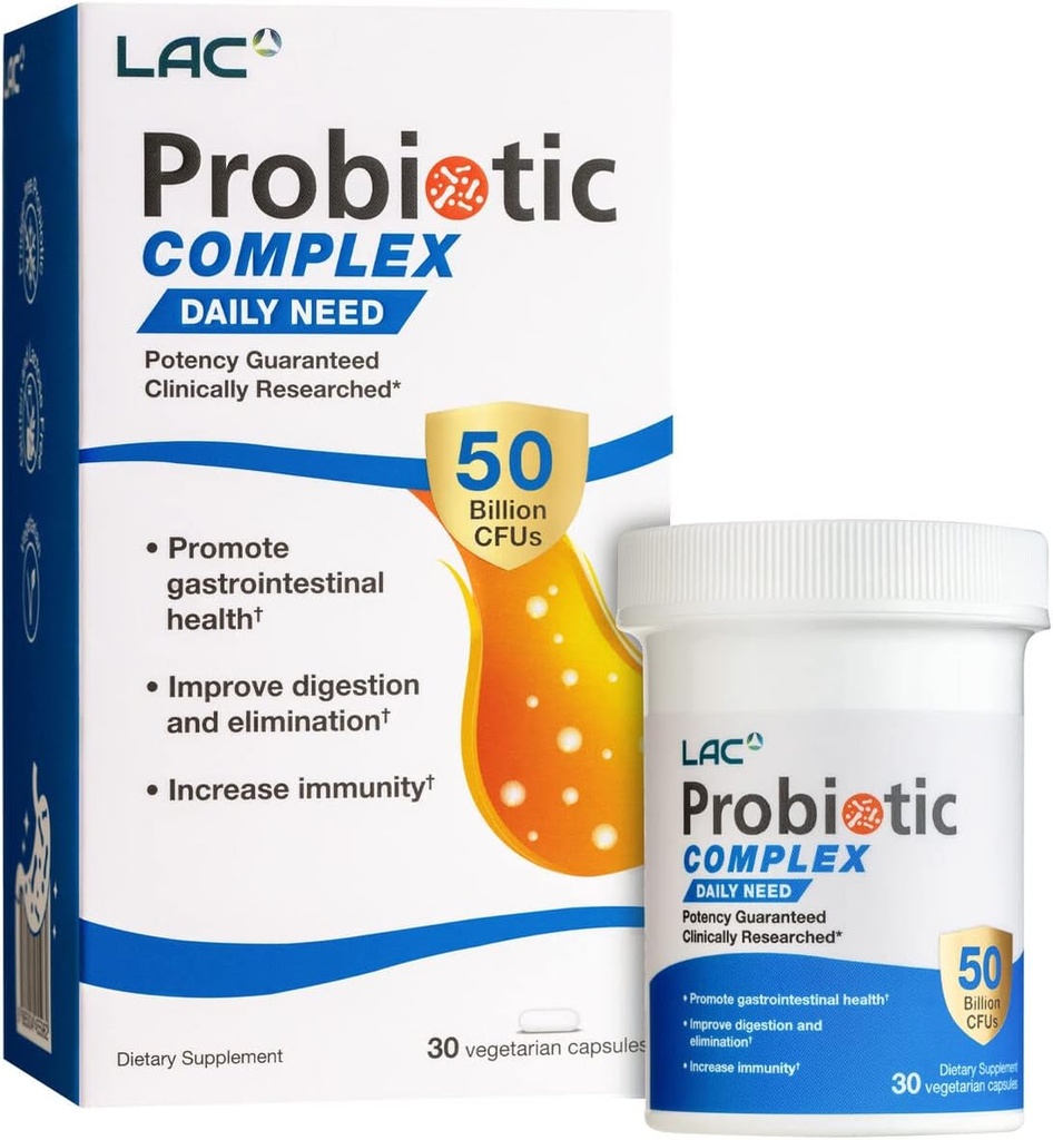 LAC Probiotic Complex 50 Billion CFUs | Digestive Supplement | Active probiotics to Restore intestinal Bacterial Balance, IBS Support (30 Vegetarian Capsules)