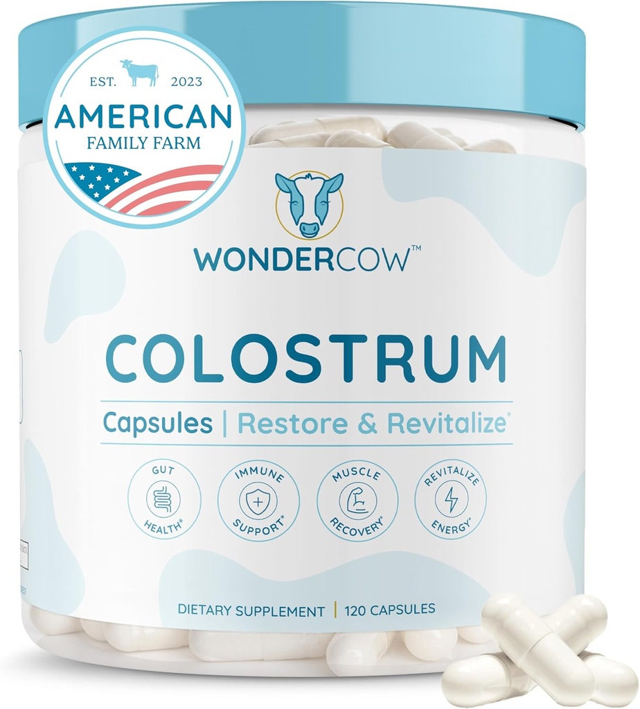 WONDERCOW Colostrum Capsules Supplement for Gut Health, Immune Support, Muscle Recovery & Wellness | Natural IgG Pure Whole Bovine Colostrum Superfood, Unflavored, 30 Servings