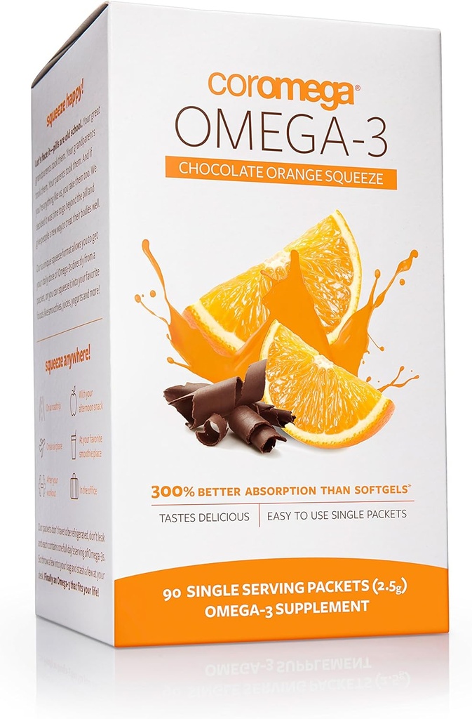 Coromega Omega 3 Fish Oil Supplement, 650mg of Omega-3s with 3X Better Absorption Than Softgels, Chocolate Orange Flavor, 90 Single Serve Squeeze Packets