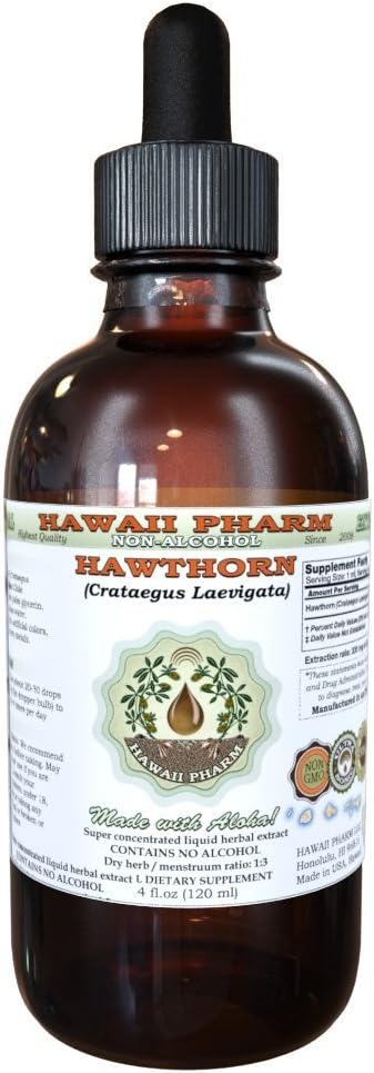 Hawaii Pharm Hawthorn Alcohol-Free Liquid Extract, Hawthorn (Crataegus Laevigata) Dried Leaf and Flower Glycerite Natural Herbal Supplement 2 oz