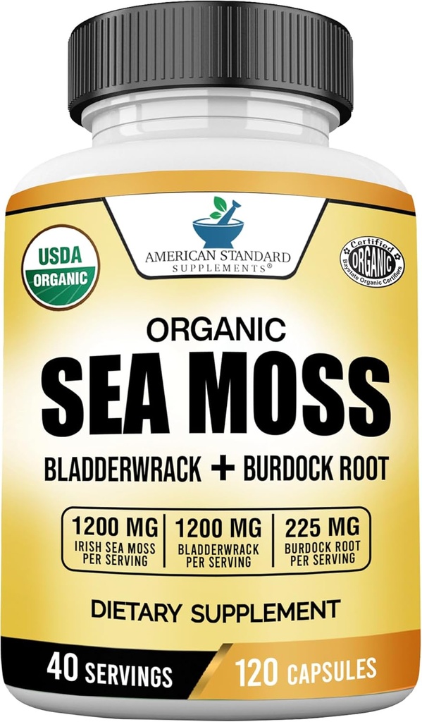 American Standard Supplements Organic Sea Moss, Bladderwrack & Burdock Root Capsules - 1200mg Seamoss, 1200mg Bladderwrack, 225mg Burdock Root Per Serving - 120 Capsules, 40 Servings