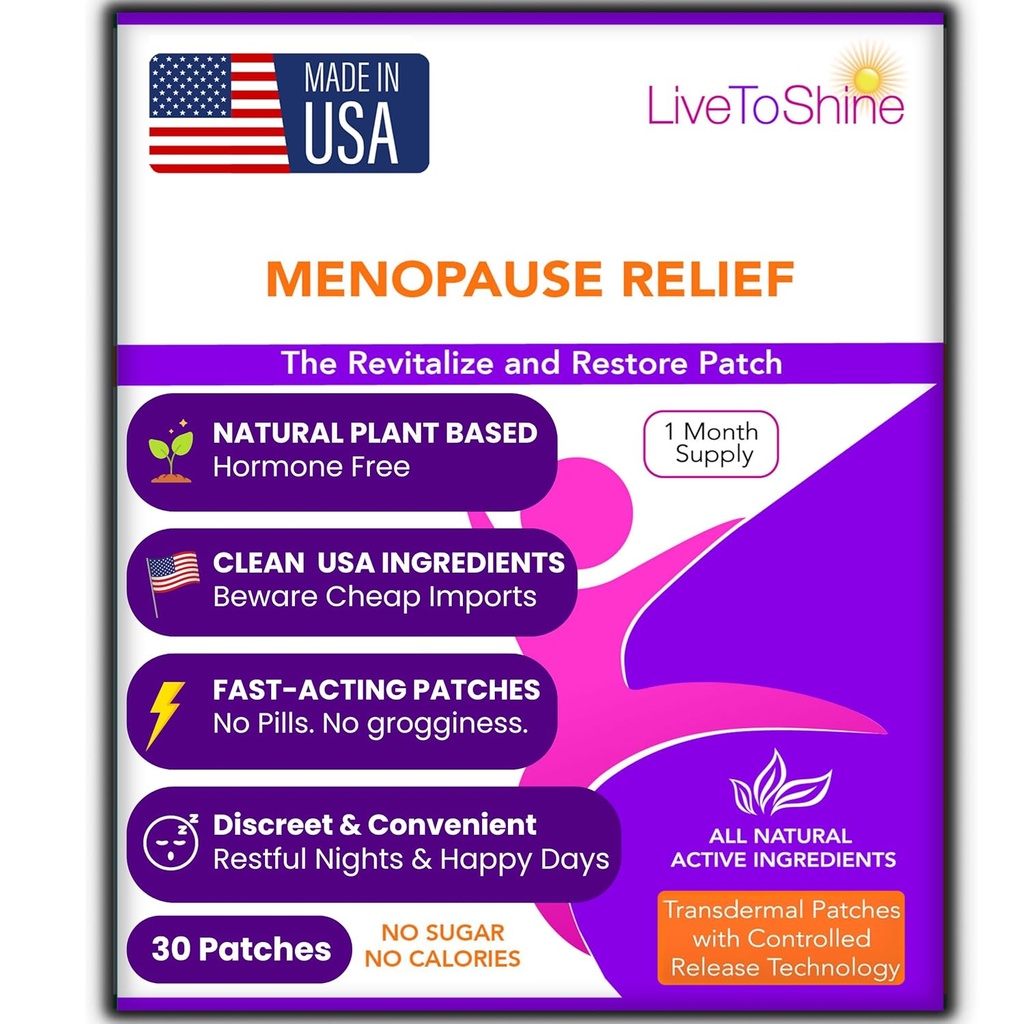 Menopause & Perimenopause Relief Patch – Hot Flash, Mood & Symptom Support – Black Cohosh, Ashwagandha & More – 30 Topical Patches – USA Made by Live to Shine