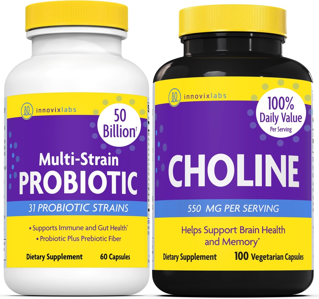InnovixLabs Choline & Multi Probiotic Bundle Choline Bitartrate 550mg (100 Capsules) Multi Strain Probiotics (60 Capsules). Supports Memory, Mood, Brain Health & Boost Cognitive.*