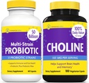InnovixLabs Choline & Multi Probiotic Bundle Choline Bitartrate 550mg (100 Capsules) Multi Strain Probiotics (60 Capsules). Supports Memory, Mood, Brain Health & Boost Cognitive.*