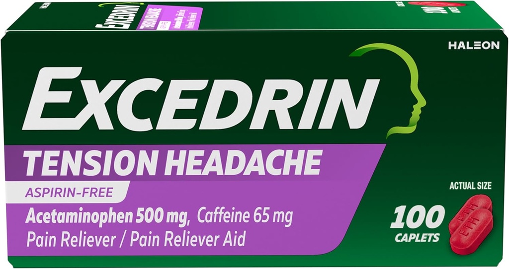 Excedrin Tension Headache Relief Caplets, Acetaminophen 500mg, Caffeine 65mg, Pain Reliever, Aspirin-Free, 100 Count