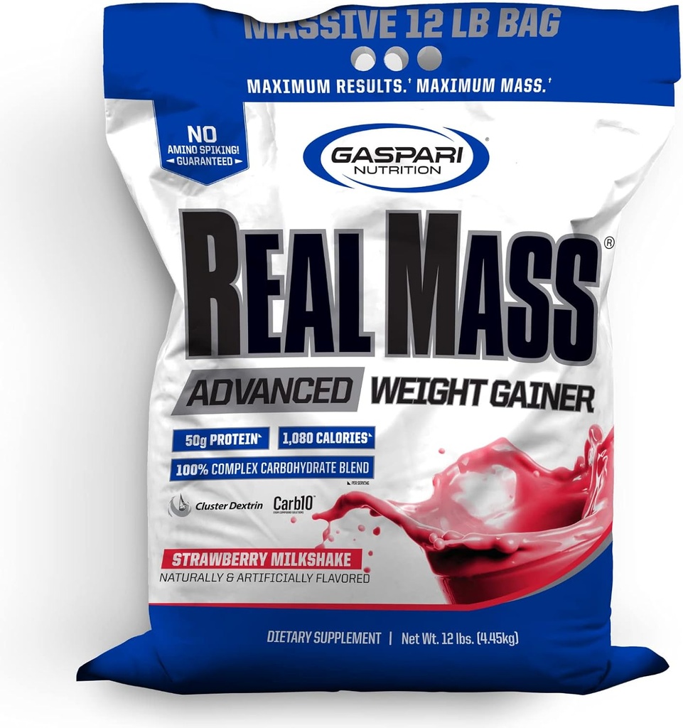 Gaspari Nutrition Real Mass: Advanced Weight Gainer, Protein and Complex Carb Blend, 50g Protein, 16g EAAs, Gluten-Free, 12 lbs (Strawberry Milkshake)