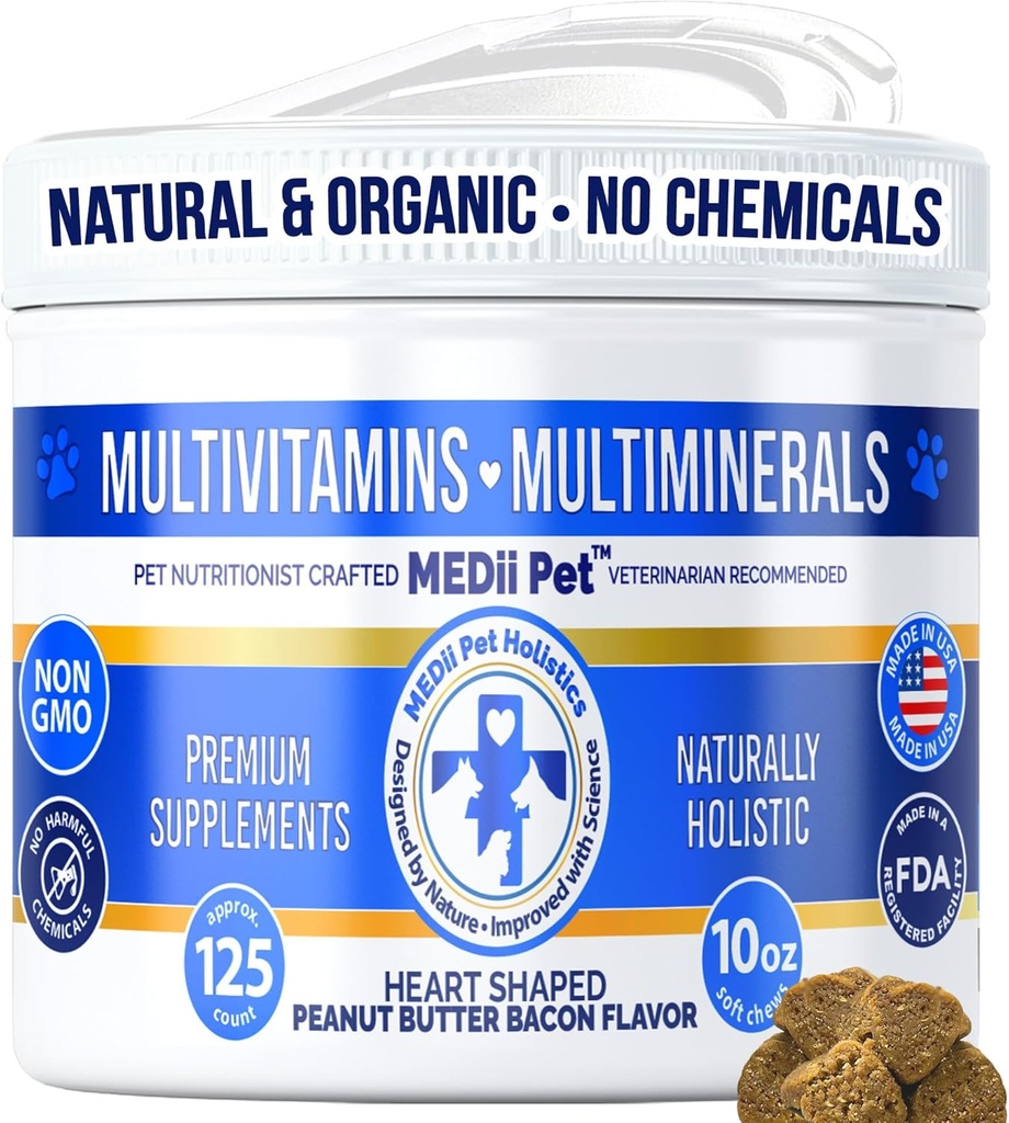 Dog Multi Vitamins + 74 Organic Minerals. Super Natural Overall Health Builder: Metabolism, Cardiac, Eyes, & Joints, Bones. Spirulina, Vitamin B1, B3, & B12,125 ct/10 oz. Low Calories