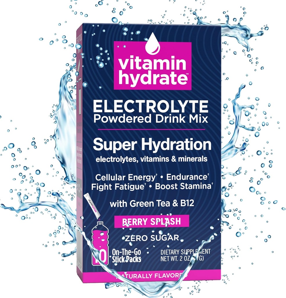 Vitamin Hydrate Electrolyte Powdered Drink Mix, Super Hydration, Boost Stamina & Fights Fatigue, Bursting with Electrolytes, Vitamins & Minerals, 0 Sugar, Berry Splash, 10 Stick Packs