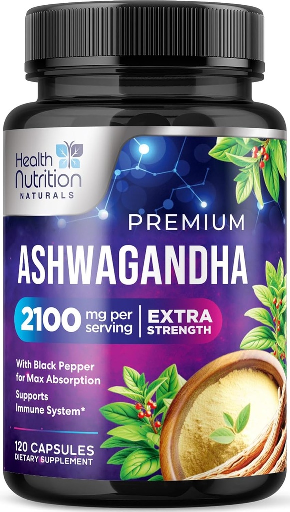 Ashwagandha Supplements - 2100mg Ashwagandha Capsule for Women & Men, Natural Antioxidant Support, Ashwa Root Extract, Extra Strength Calm Support with Black Pepper, Vegan & Gluten Free - 120 Capsules