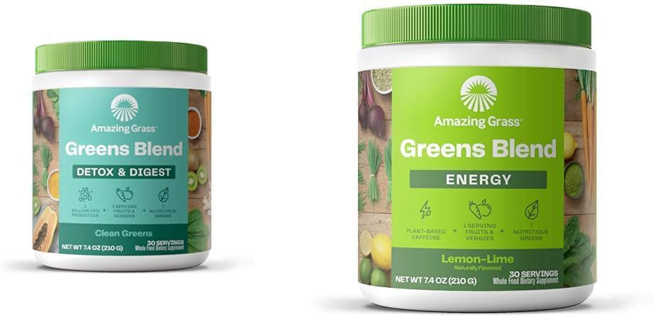 Amazing Grass Greens Blend Detox & Digest: Smoothie Mix, Cleanse with Super Greens Powder & Green Superfood Energy: Smoothie Mix, Super Greens Powder & Plant Based Caffeine