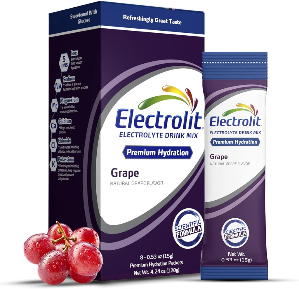 Electrolit Electrolytes Powder Packets, Grape 8 Pack, Powdered Hydration Packets for Dehydration & Rehydration, Post Workout Flavored Hydrating Drink Mix, Gluten Free Daily Water Enhancer Sticks