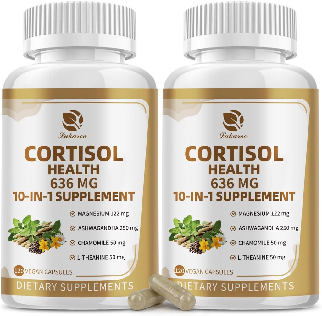 10-IN-1 Cortisol Supplements with Magnesium, Ashwagandha, Chamomile, L-Theanine, Phosphatidylserine, St. John's wort, Astragalus, Vitamin C & D3, For Women Men, 240 Vegan Capsules for 4 Month, Non-GMO