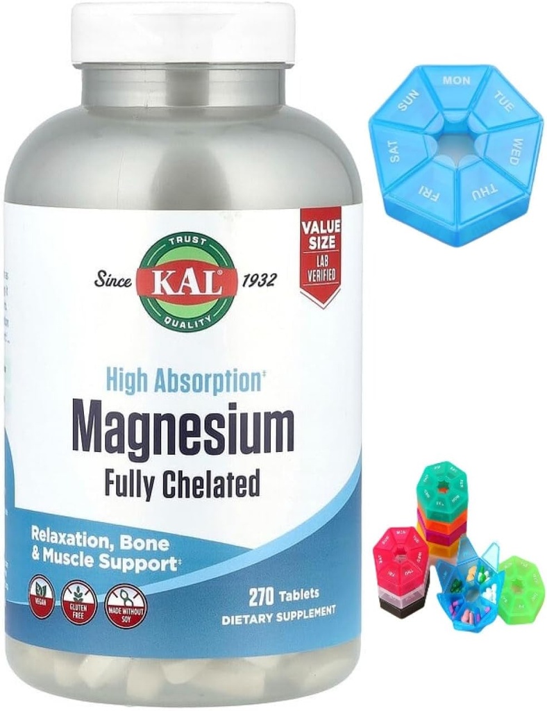 Made for KAL, Magnesium, Fully Chelated, High Absorption, 270 Tablets + 1 Mini Pill Box for 7 Days