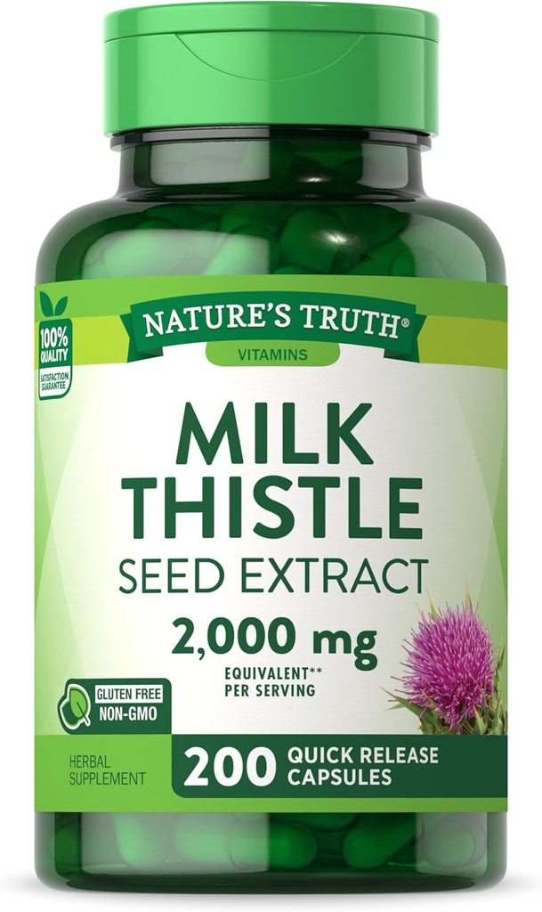 Nature's Truth Milk Thistle Supplement | 2000mg | 200 Capsules | Non-GMO and Gluten Free Seed Extract | Silymarin Marianum
