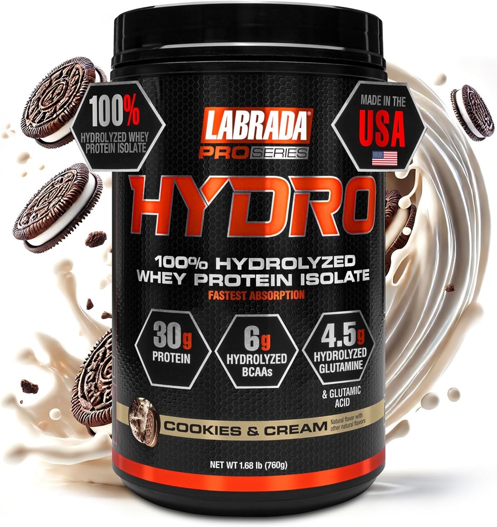 Labrada Hydro 100% Pure Hydrolyzed Whey Protein Isolate Powder, Lactose free, 6g BCAA’s, 4.5g Glutamine, Fastest Digesting Whey Available, Instant Mixing, Delicious Taste 20 Servings (Cookies & Cream)