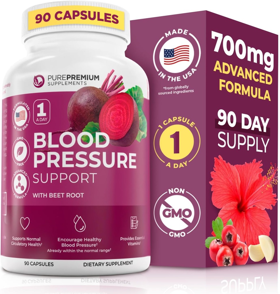 PurePremium Beet Root Capsules for Blood Pressure Support – 700mg Advanced Formula with Beetroot Powder, Hawthorn, Hibiscus & Garlic for Normal Nitric Oxide Production & Heart Health – Non-GMO - 90ct