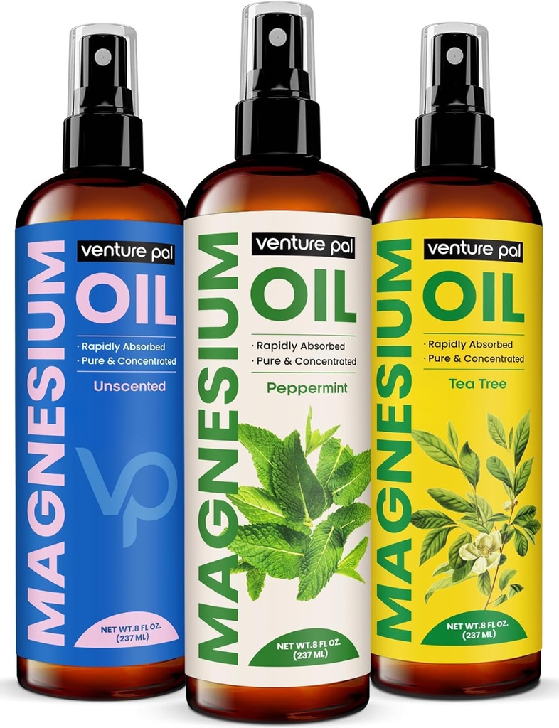 Venture Pal 100% Pure Magnesium Oil Spray with Peppermint, Fast Absorption, Less Sting, Ultra-Soothing for Sleep & Muscle Relaxation, Seven (Big 8 oz) Minerals