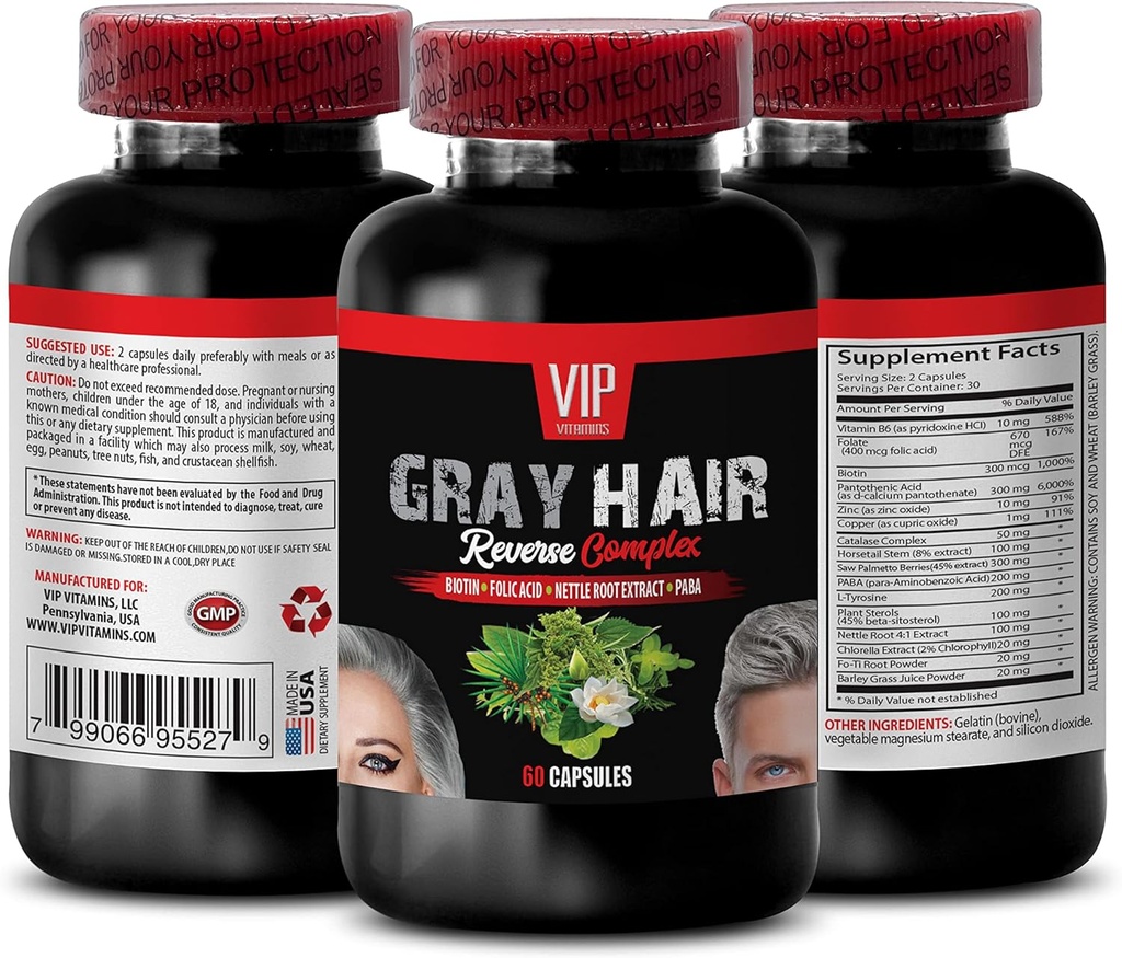 Hair Loss for Men - Gray Hair Reverse Complex - Natural Solution - Powerful Results, zinc Hair Vitamins, biotin Supplement, paba, biotin Supplements for Hair and Nails, Gray Hair Vitamins, 1B 60 Caps