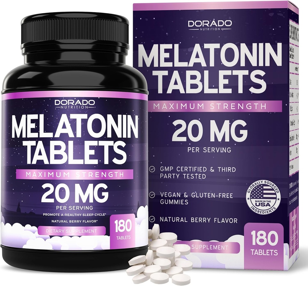 Melatonin 20mg Tablets for Adults (180 Count) - Quick Dissolve with 20mg of Melatonin Per Tablet - High Potency, Gluten-Free, Non-GMO, Vegan - Mixed Berry Flavor - Bulk Supply - USA Made